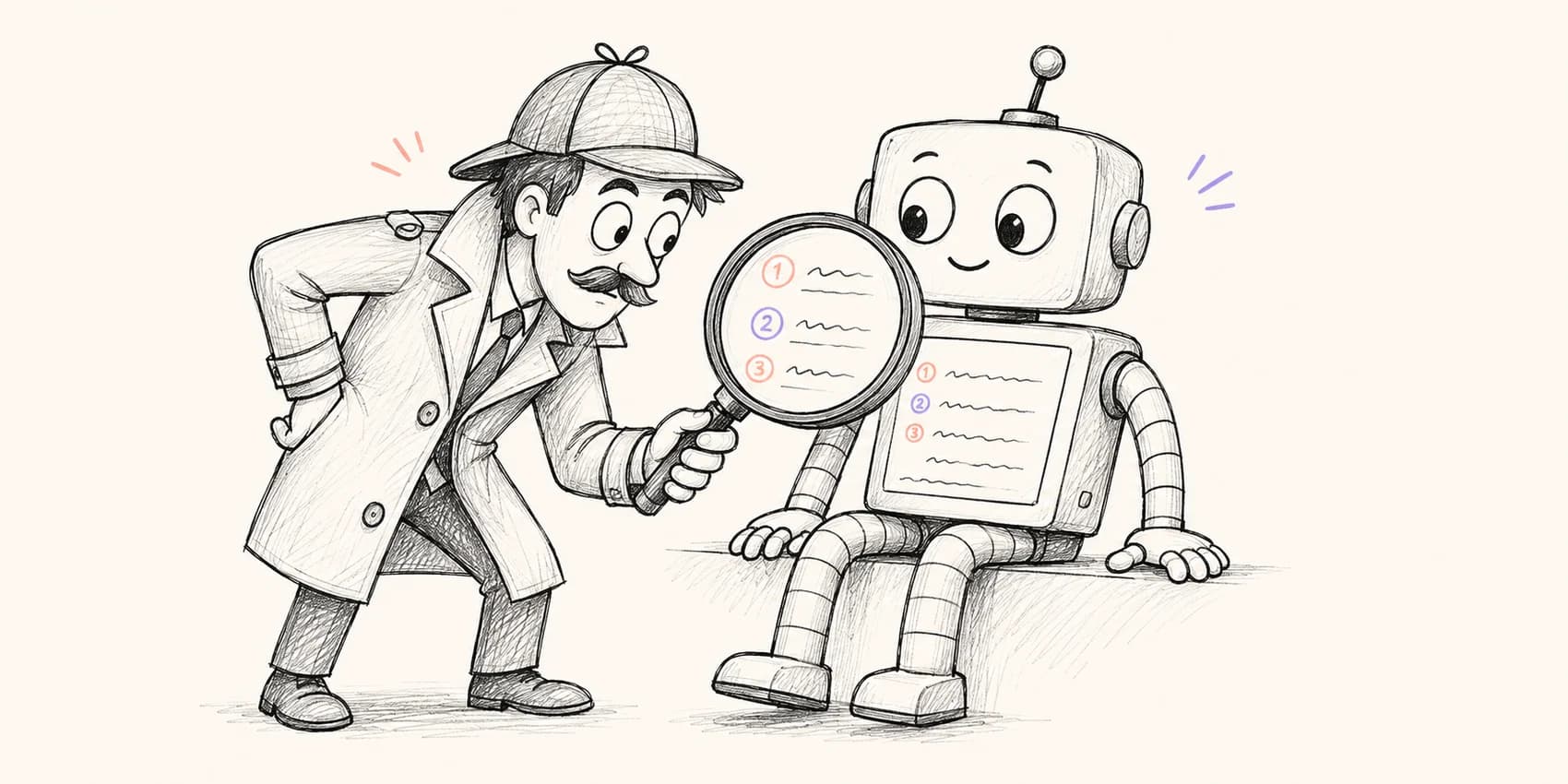 Pencil drawing: a detective with a magnifying glass inspecting a robot’s footnotes