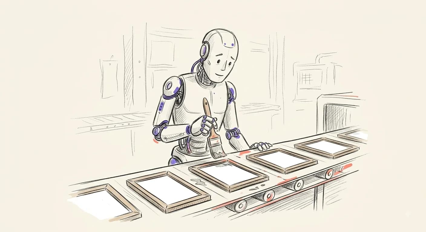 Pencil drawing: a friendly robot holding a paintbrush over a pile of identical listicles