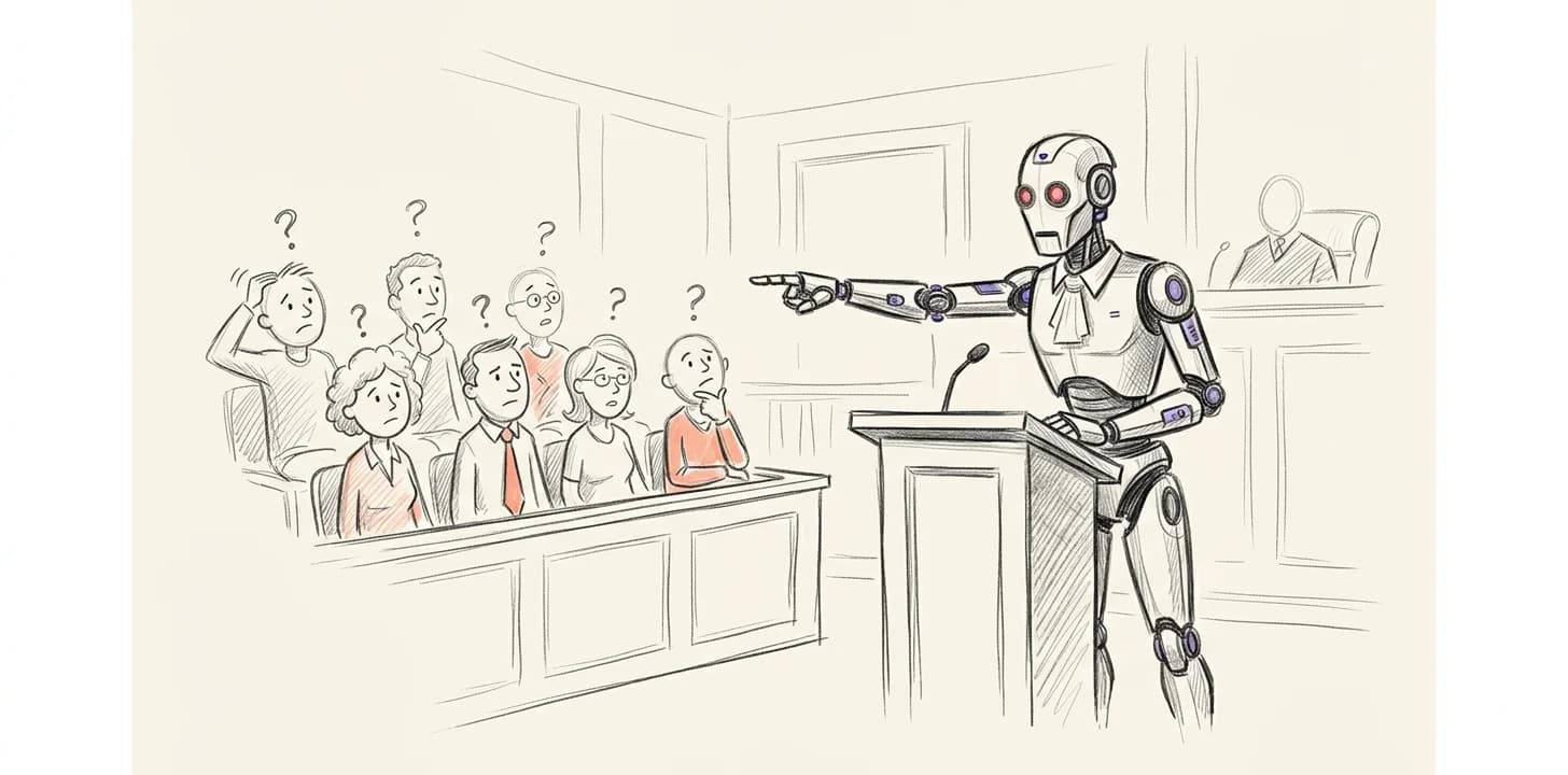 Pencil drawing: a robot lawyer pointing at a confused jury of doodles