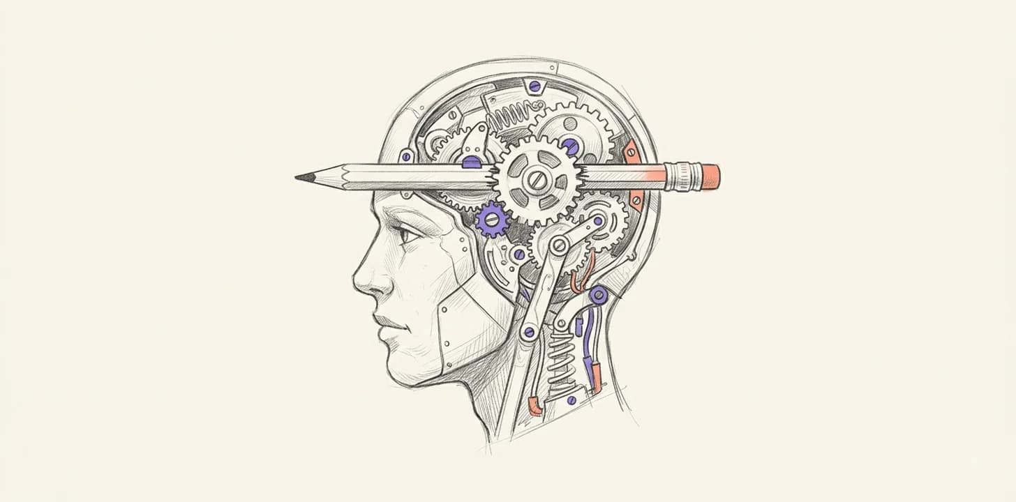 Pencil drawing: a profile of a head with gears and a pencil where the brain goes