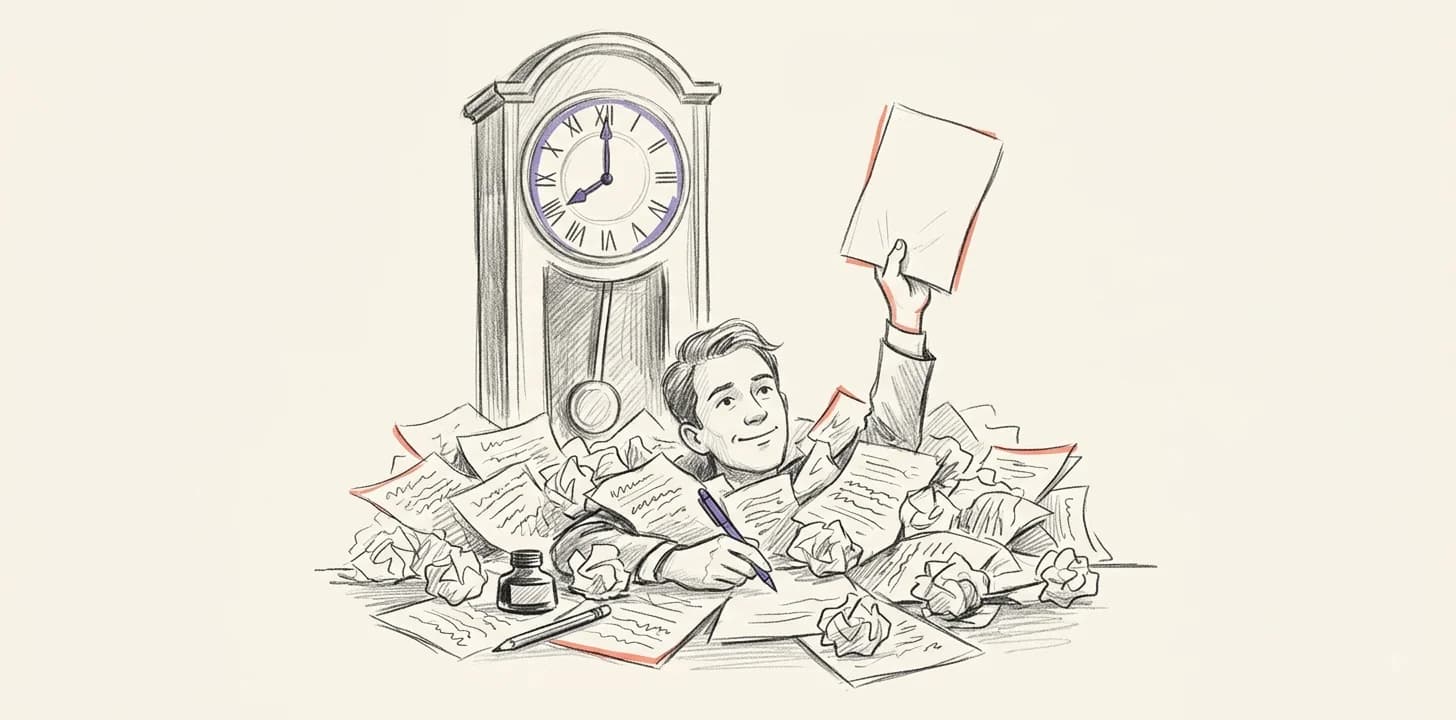 Pencil drawing: a writer buried under drafts at a desk with a grandfather clock