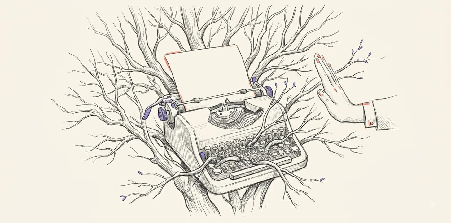 Pencil drawing: a typewriter tangled in bare winter branches, page reading “January”