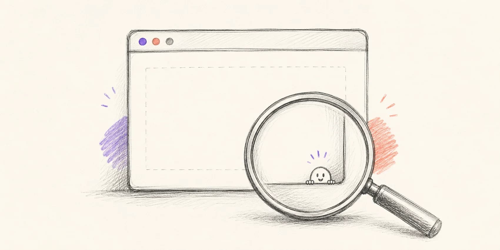 Pencil drawing: a magnifying glass hovering over the corner of a webpage