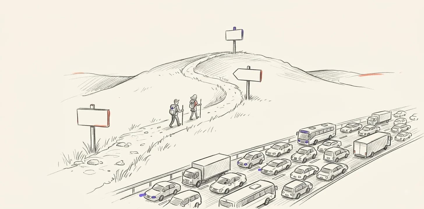Pencil drawing: a winding path up a hill with signposts reading “clear strategy, quality, impact”