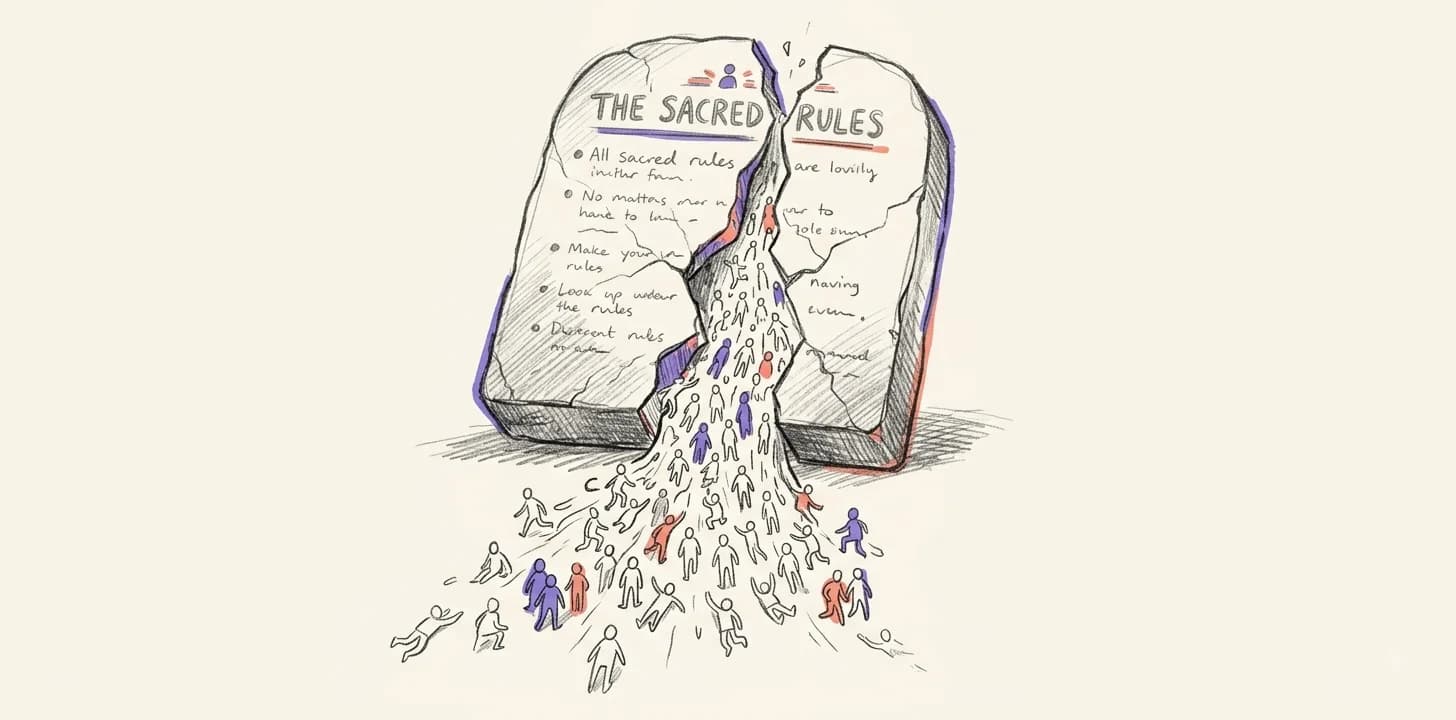 Pencil drawing: a stone tablet of “sacred rules” cracking, users pouring out