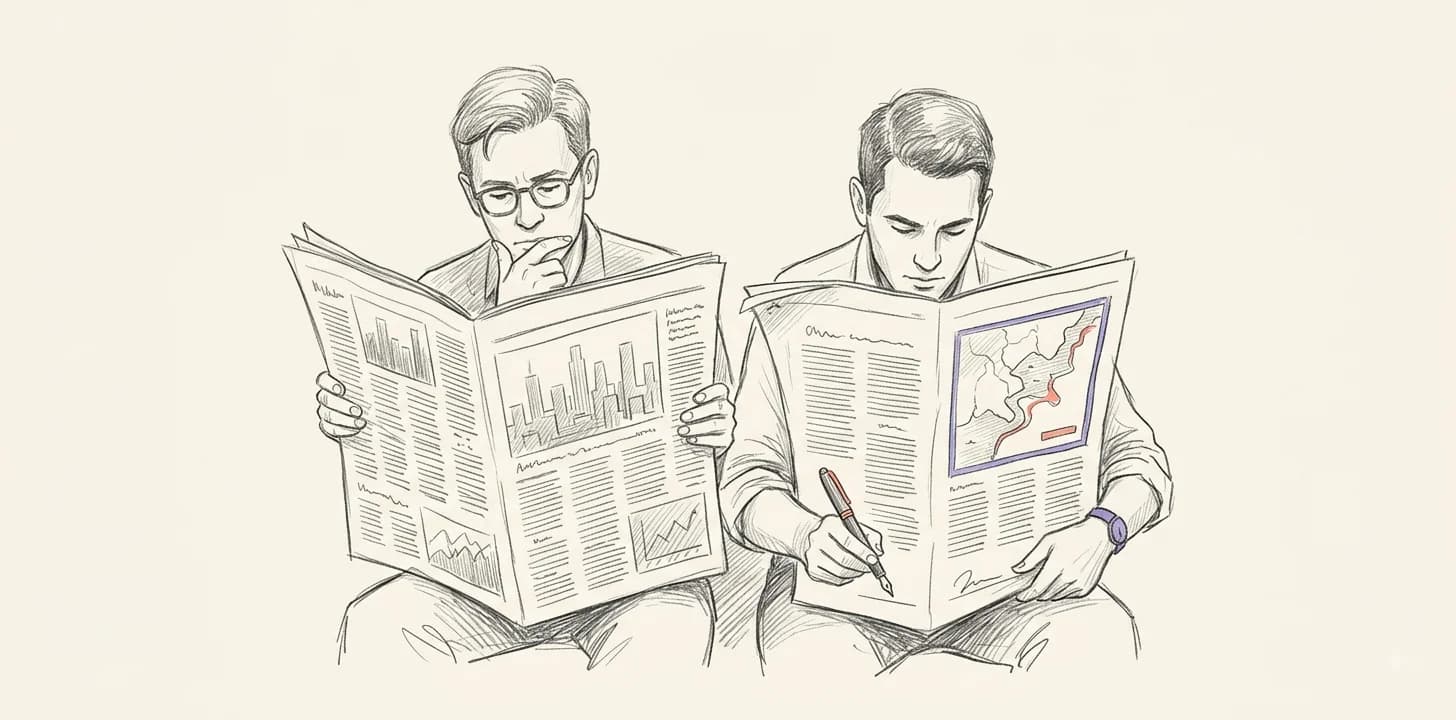 Pencil drawing: two readers sharing one newspaper, each looking at a different page