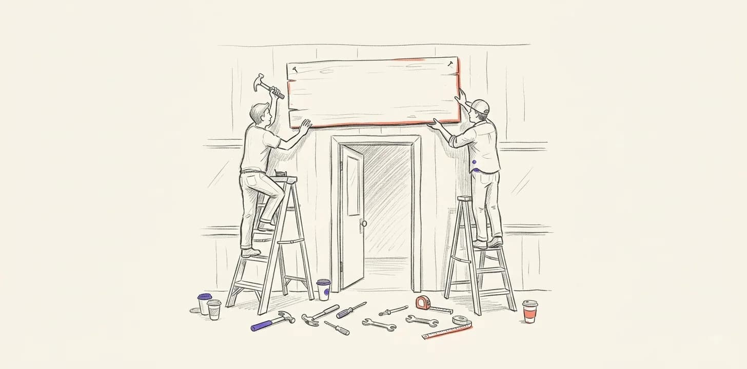 Pencil drawing: two figures nailing a hand-painted “open” sign above a door