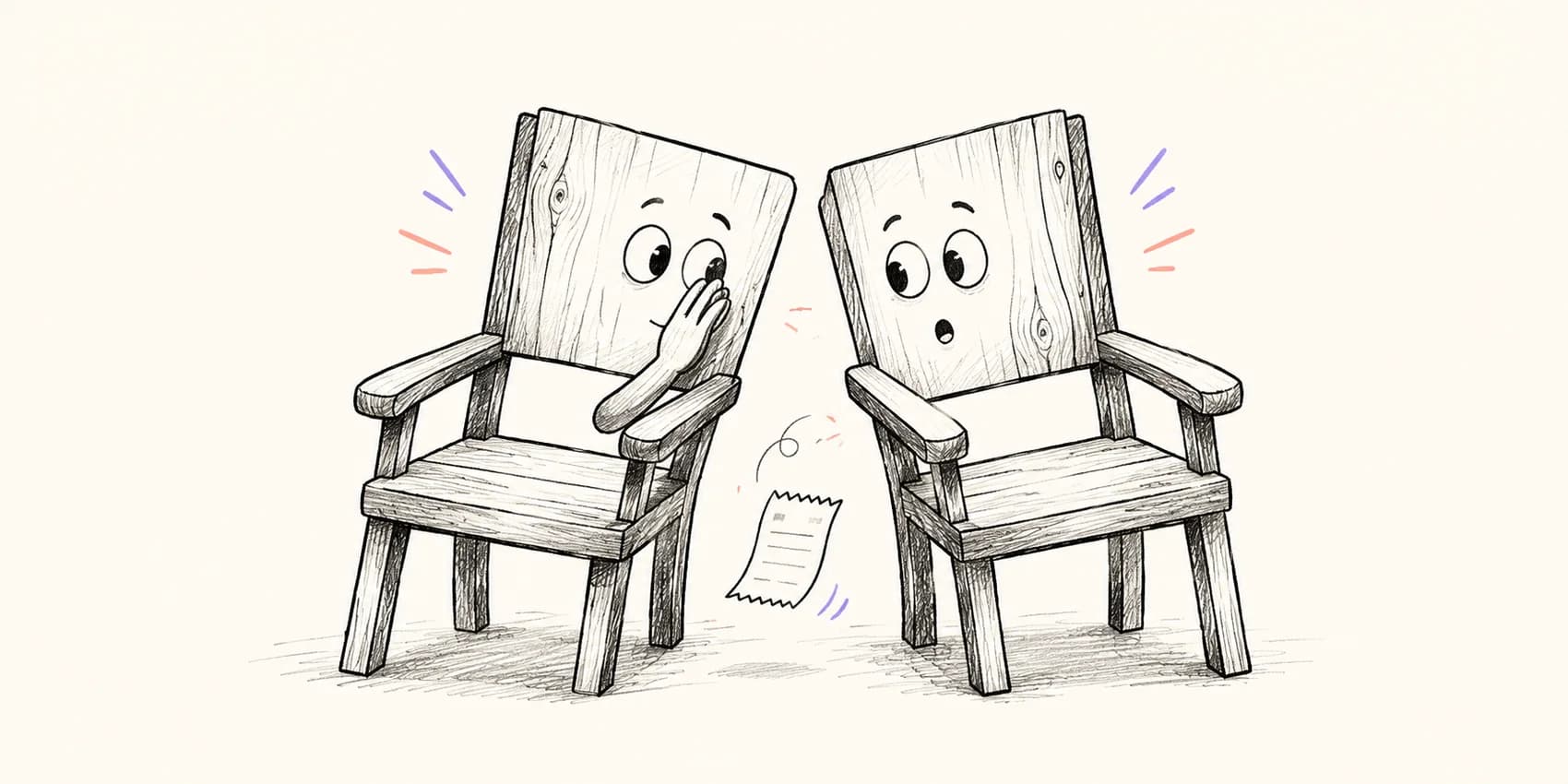Pencil drawing: two chairs leaned close together, one whispering to the other
