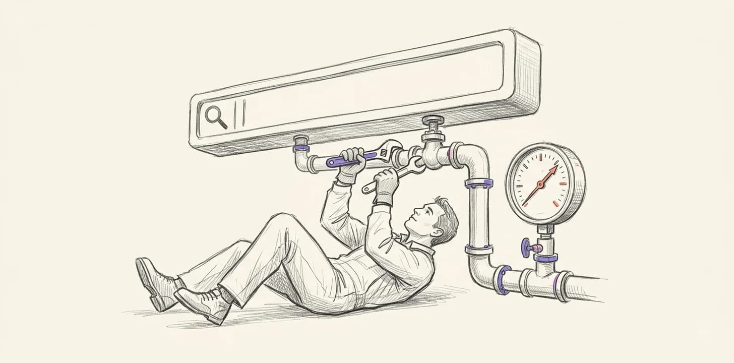 Pencil drawing: a plumber tightening pipes underneath a giant search bar