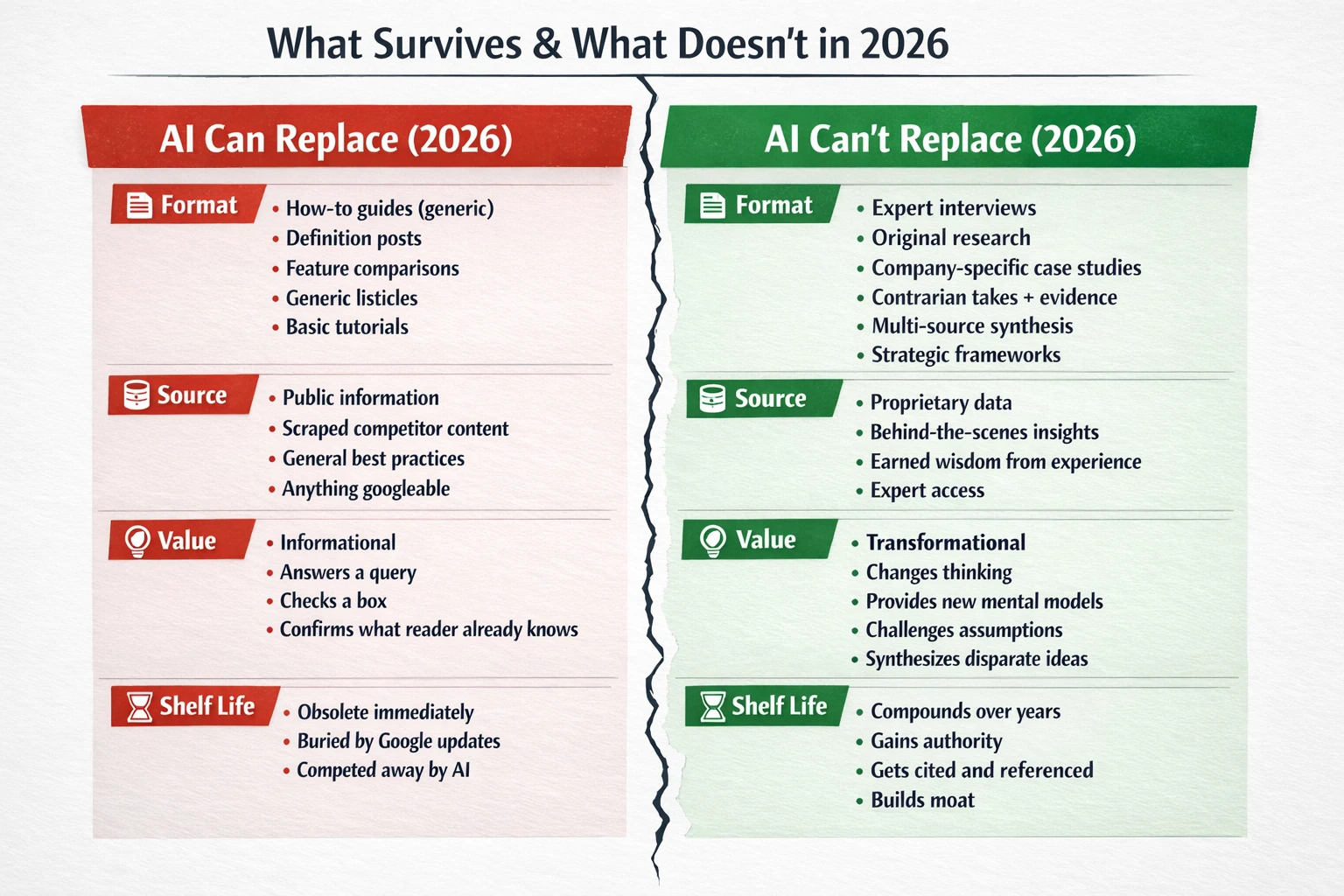 A torn-paper comparison titled “What Survives & What Doesn’t in 2026”. The red column, AI Can Replace, lists generic how-to guides, definition posts, feature comparisons, generic listicles and basic tutorials, sourced from public information and anything googleable, delivering informational value that goes obsolete immediately. The green column, AI Can’t Replace, lists expert interviews, original research, company-specific case studies, contrarian takes with evidence, multi-source synthesis and strategic frameworks, sourced from proprietary data and earned wisdom, delivering transformational value that compounds over years and gets cited.