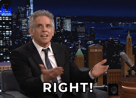 Ben Stiller on a talk show, gesturing in agreement. Caption: “Right!”