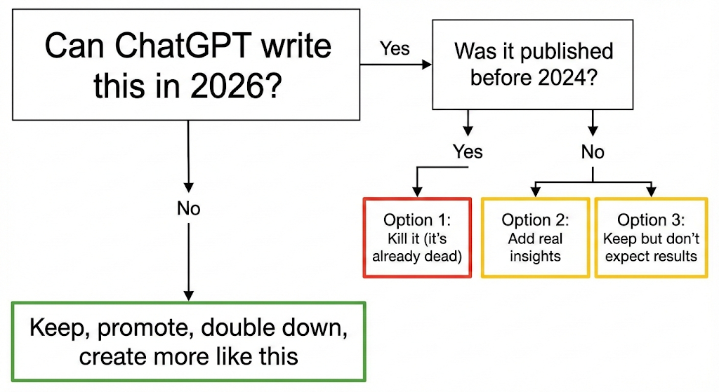 A decision tree. “Can ChatGPT write this in 2026?” If no: keep, promote, double down, create more like this. If yes, ask “Was it published before 2024?” If yes, Option 1: kill it, it’s already dead. If no, Option 2: add real insights, or Option 3: keep but don’t expect results.