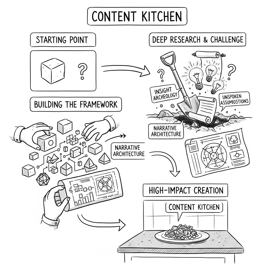 A hand-drawn diagram of the Content Kitchen process: a starting point of an unknown block, then deep research and challenge (insight archeology, unspoken assumptions), then building the framework into narrative architecture, ending in high-impact creation plated as a dish.